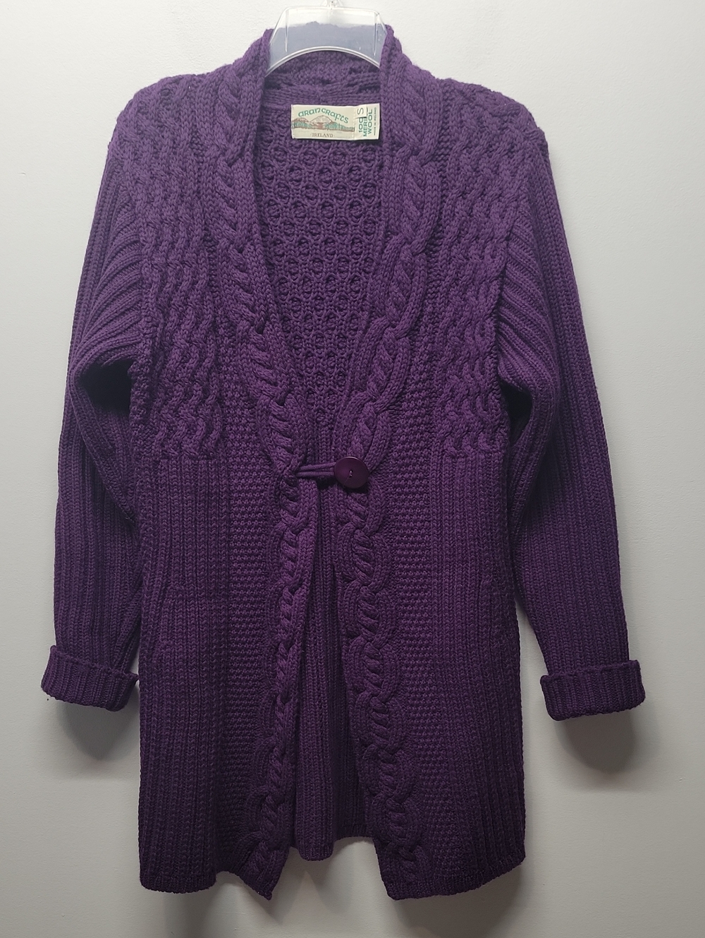 Aran Crafts Ireland Purple Merino Wool Cardigan Sweater size Small